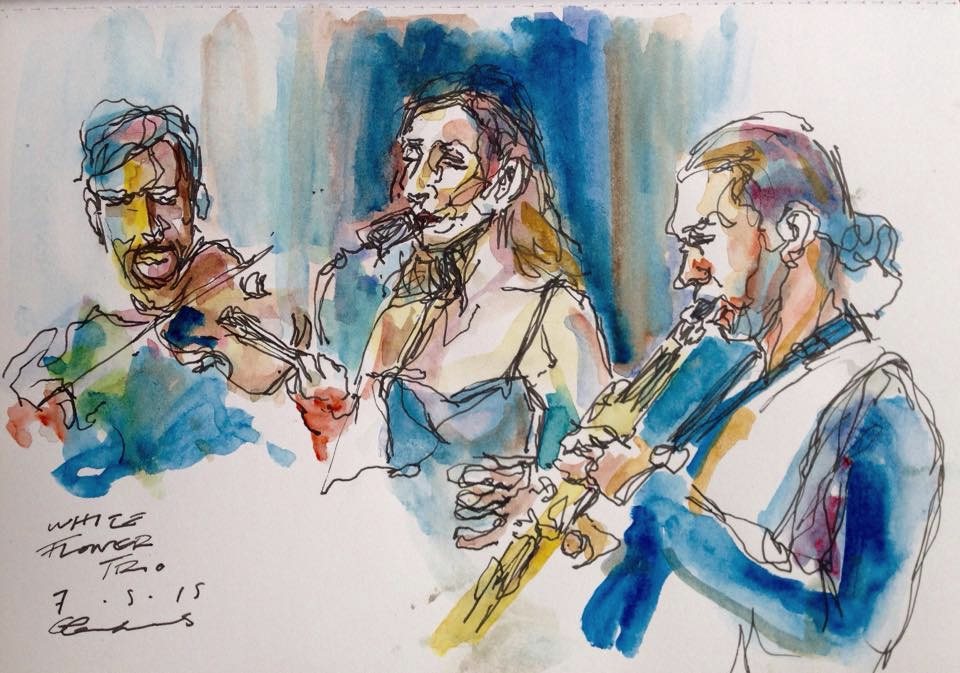Ink and watercolour sketch of the trio performing, titled White Flower Trio